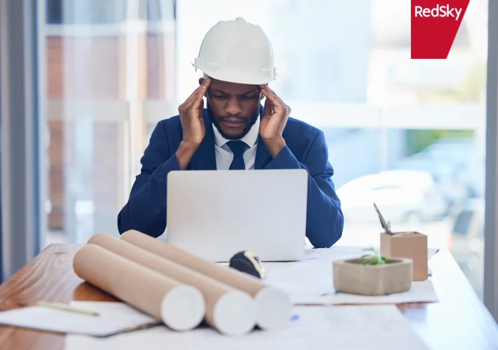 Construction commercial manager in office overwhelmed by manual invoice processing and late payments.